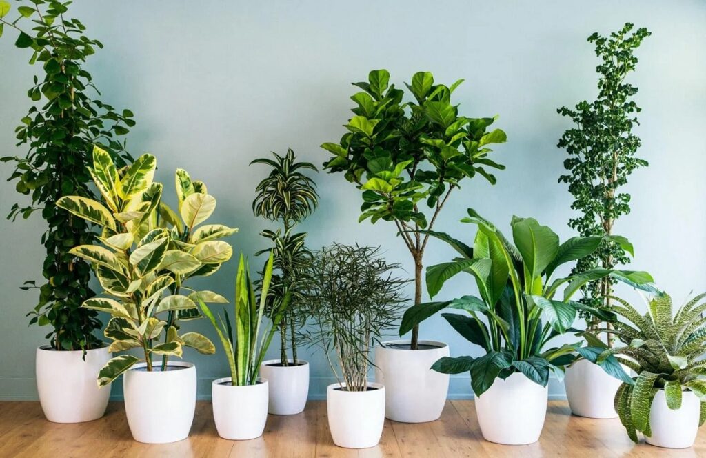 Assortment of low-light indoor plants in white pots against a light blue wall.