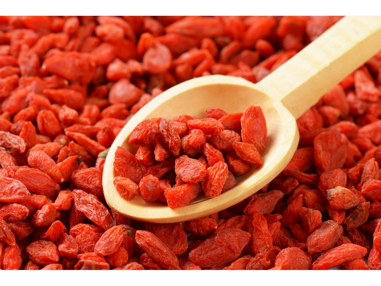 Wooden spoon with dried goji berries.