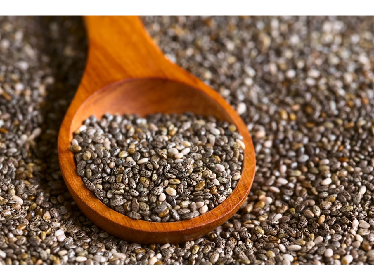 Chia seeds in a wooden spoon. Close-up of Salvia Hispanica seeds.