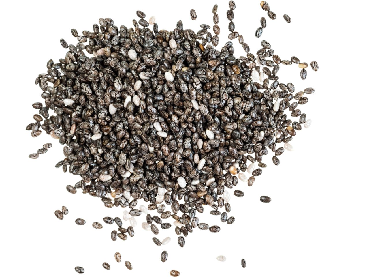 Pile of chia seeds, Salvia Hispanica, on a white background.