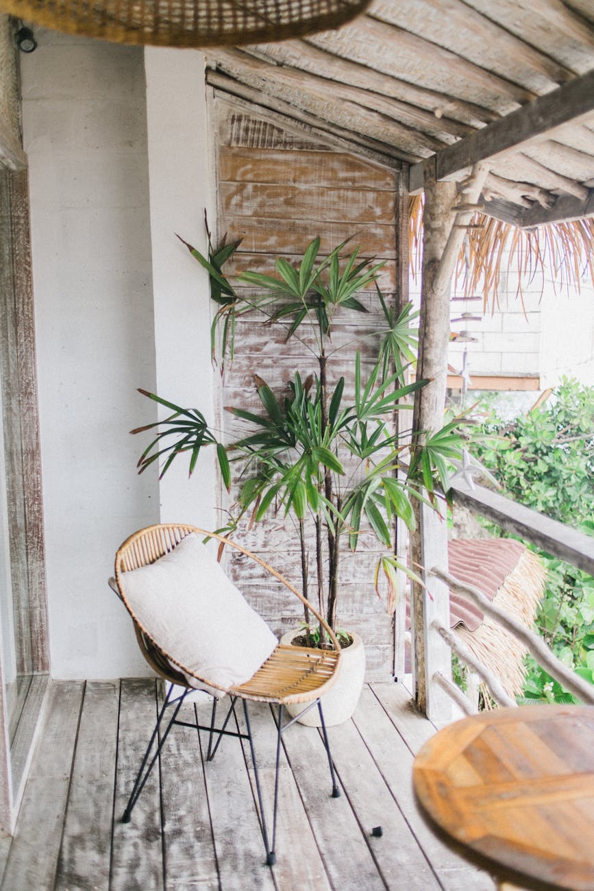 Balcony with rattan chair, cushion, and potted plant.