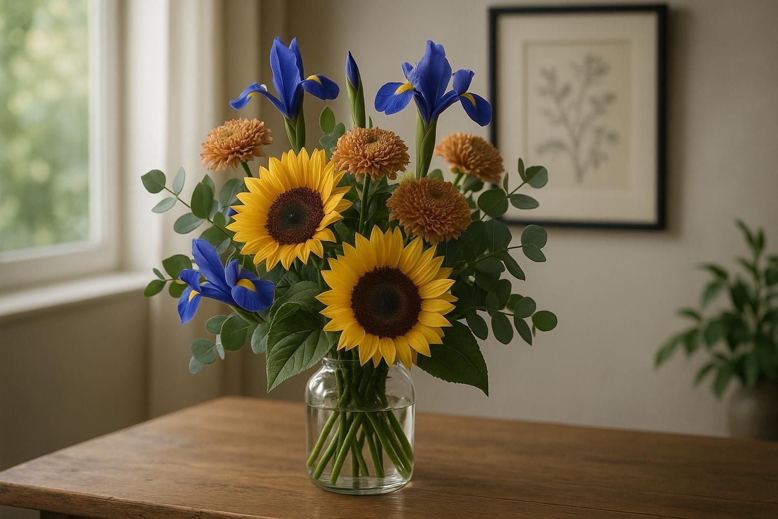 Father's Day flower arrangement: sunflowers, irises, and mums in a clear vase on a wooden table.