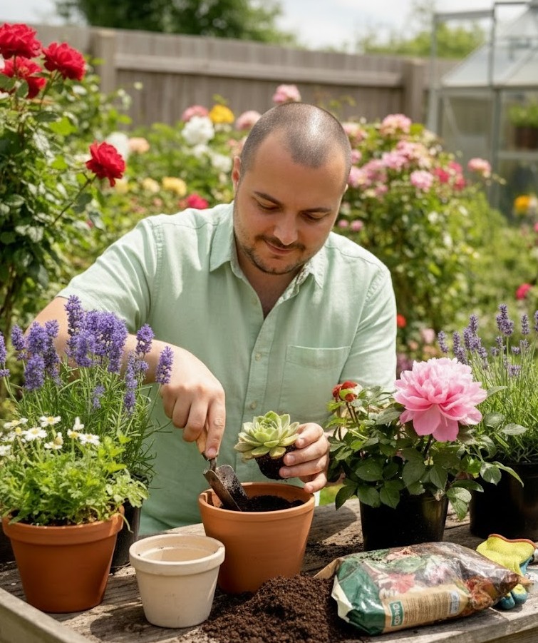 Gardener planting succulents in terracotta pots among roses and lavender.