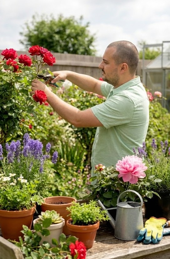 Gardener pruning red roses in a lush garden setting.
