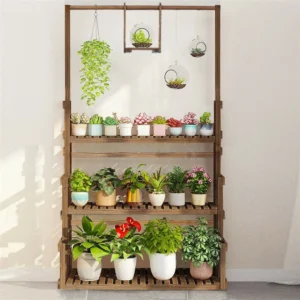 Wooden plant stand with succulents, potted plants, and hanging terrariums.