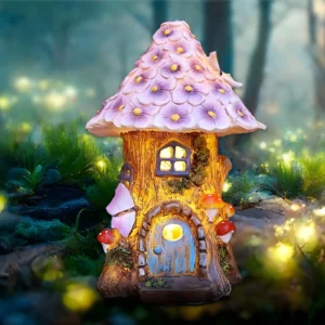 Whimsical fairy house with a pink floral roof, glowing windows, and a blue door in a magical garden setting.