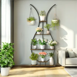 Unique plant stand with multiple shelves holding various potted plants in a bright living room setting.