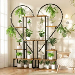 Heart-shaped plant stand with various potted plants on wooden shelves, modern home decor.