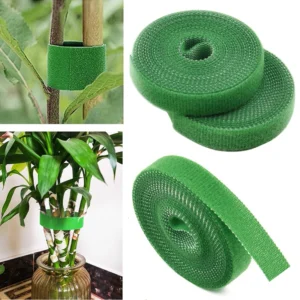Green plant ties for gardening, supporting plants, and bundling stems. Velcro plant tape rolls shown.