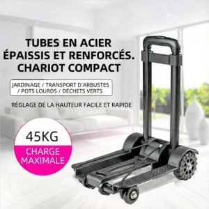 Foldable 4-wheel garden cart with telescopic handle. Max load: 45kg. Perfect for gardening and transporting heavy items.