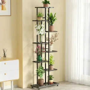 Tall, 8-tier black plant stand displaying various potted plants indoors.