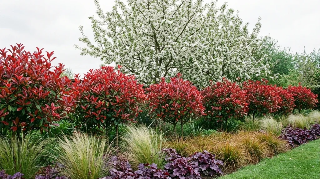 Ornamental garden featuring Photinia red robin shrubs, flowering tree, grasses, and purple heuchera.