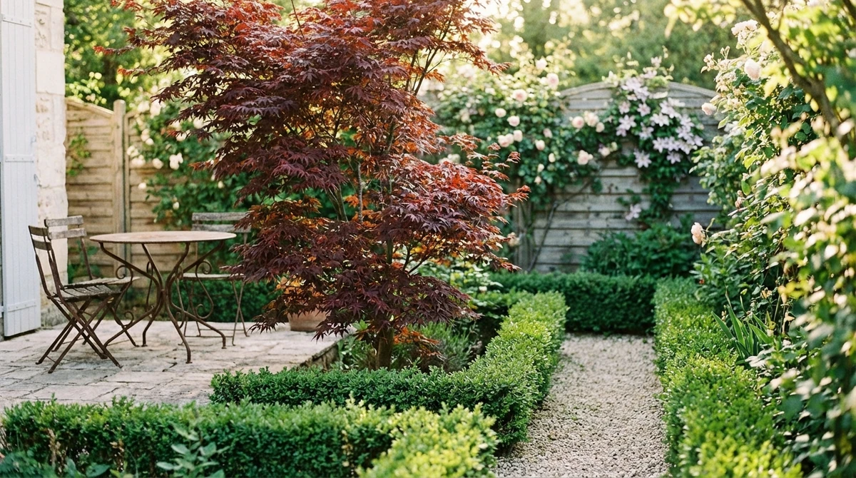 Small garden design featuring a Japanese maple, boxwood hedges, gravel path, and patio with bistro set.