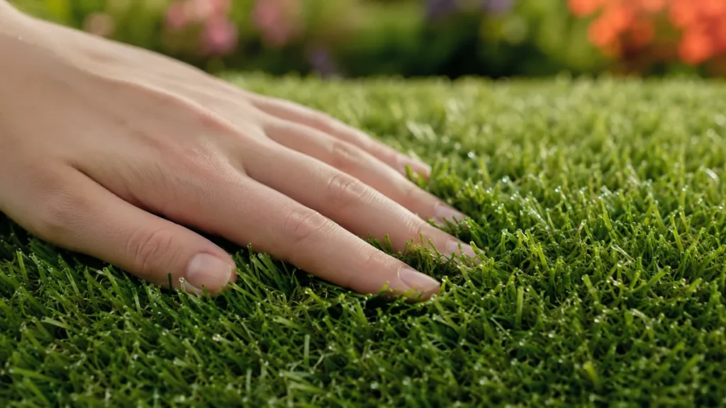 Close-up of a hand on natural-looking synthetic grass