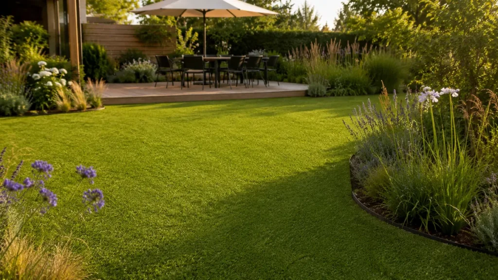 Lush green artificial turf lawn with a wooden deck and outdoor dining set