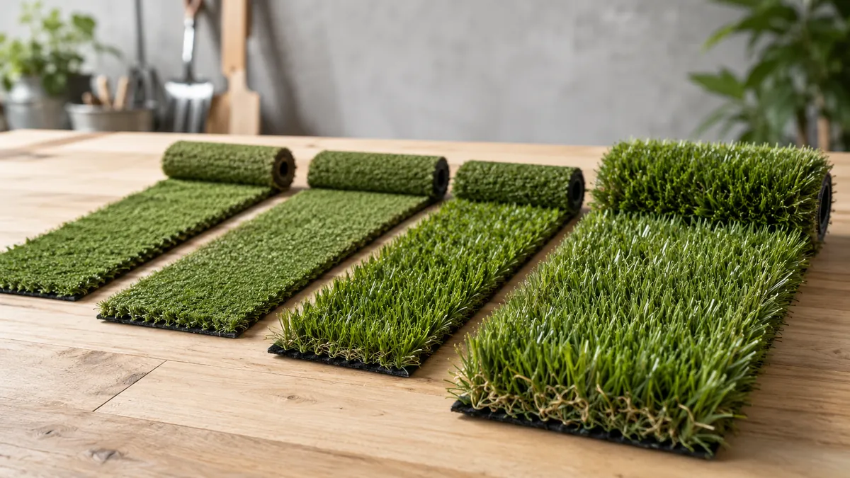 Four rolls of artificial grass, varying in thickness, displayed on a wooden table