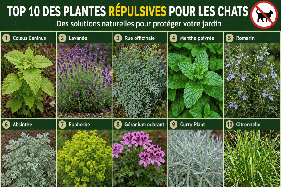 Top 10 cat repellent plants for your garden: Coleus Caninus, Lavender, Rue, Mint, Rosemary, Wormwood, Euphorbia, Scented Geranium, Curry Plant, Citronella.