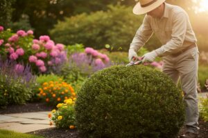 Gardener with shears trims a round boxwood bush in a colorful garden