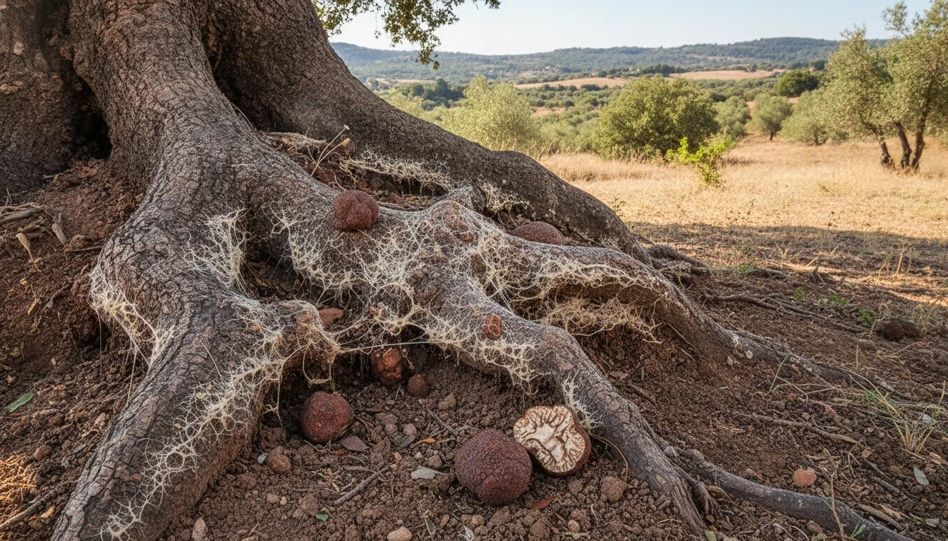 Gnarled tree roots with truffle-like fungi and fruits scattered on the ground