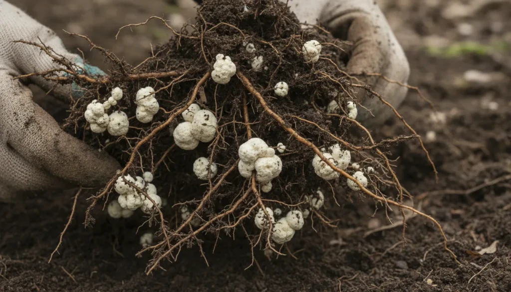 Hands holding plant roots with white nodules, possibly for Brouillon auto