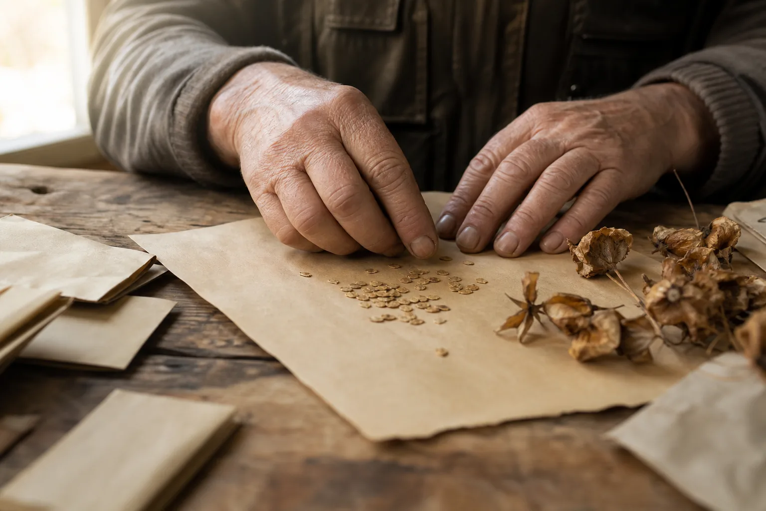 Hands sorting tiny seeds on brown paper, surrounded by seed packets and dried flowers.