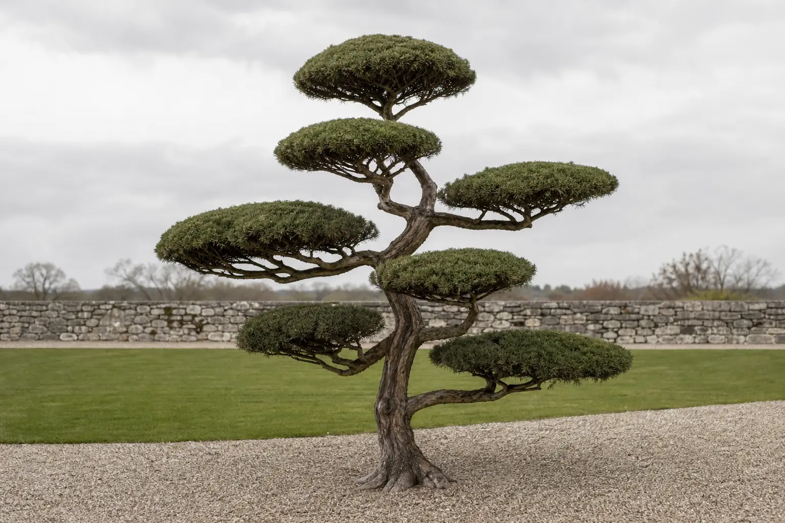 Juniperus formé en nuage, six plateaux de feuillage séparés sur un tronc sinueux, dans un jardin clos