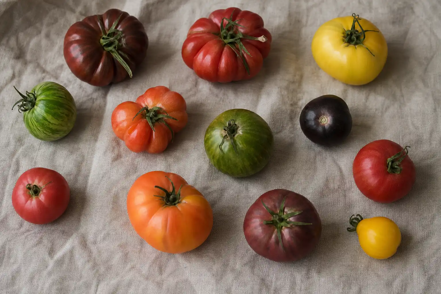 Douze tomates de variétés anciennes différentes, noires, rouges côtelées, vertes zébrées et jaunes, posées sur un linge de lin