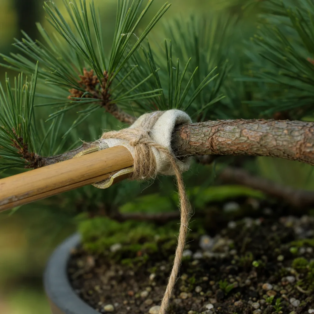 Canne de bambou et ficelle de jute haubanant une branche de pin, avec chiffon de protection sous le nœud