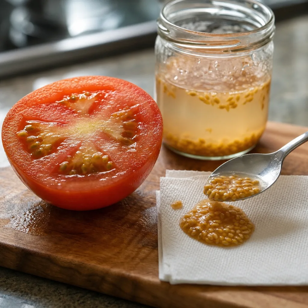 Tomate coupée en deux sur une planche et bocal de graines en fermentation, une cuillère déposant des graines sur un papier absorbant