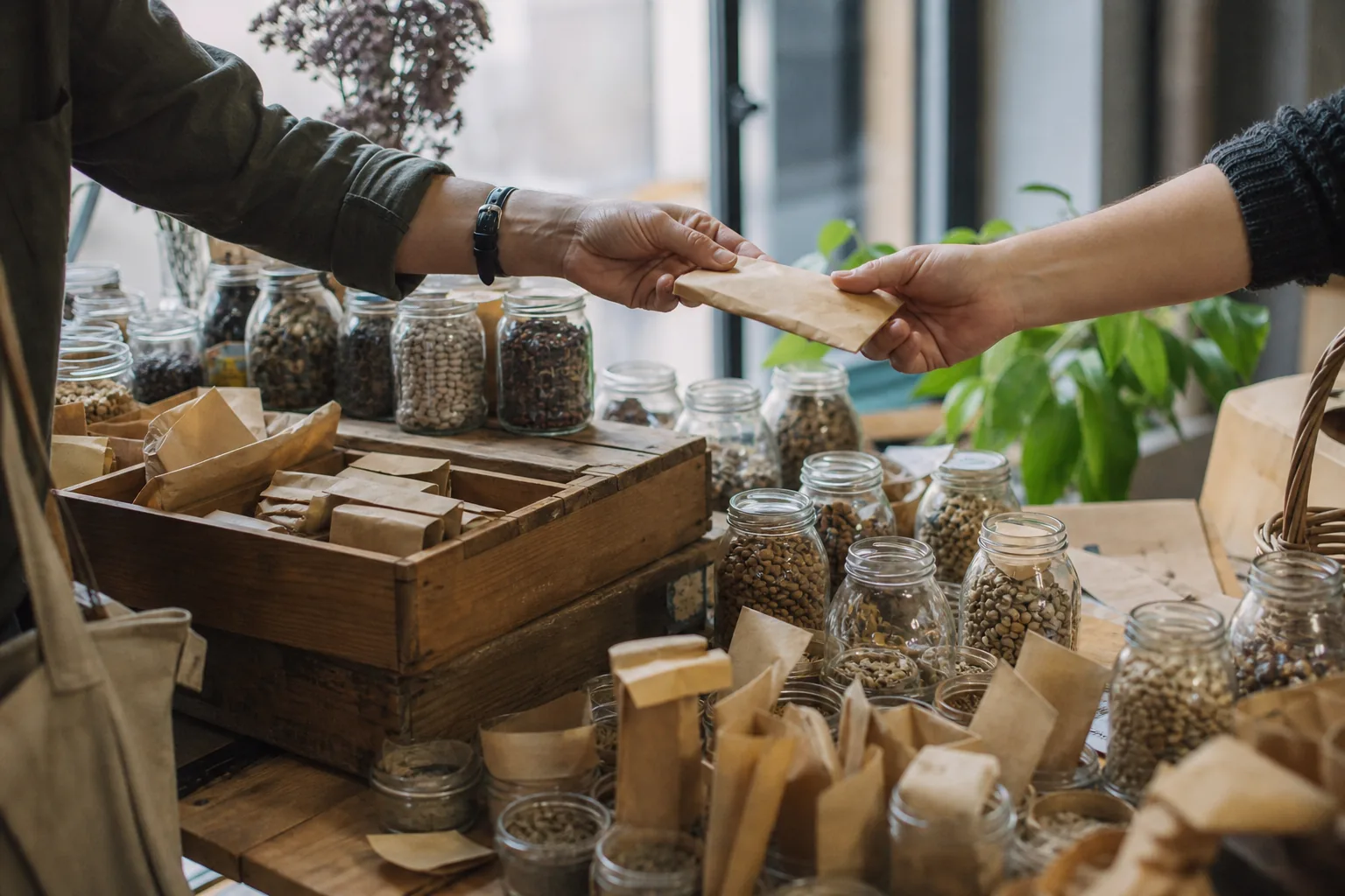 Table de bourse aux graines avec des bocaux et des enveloppes de papier remplies de semences, deux personnes échangeant un sachet