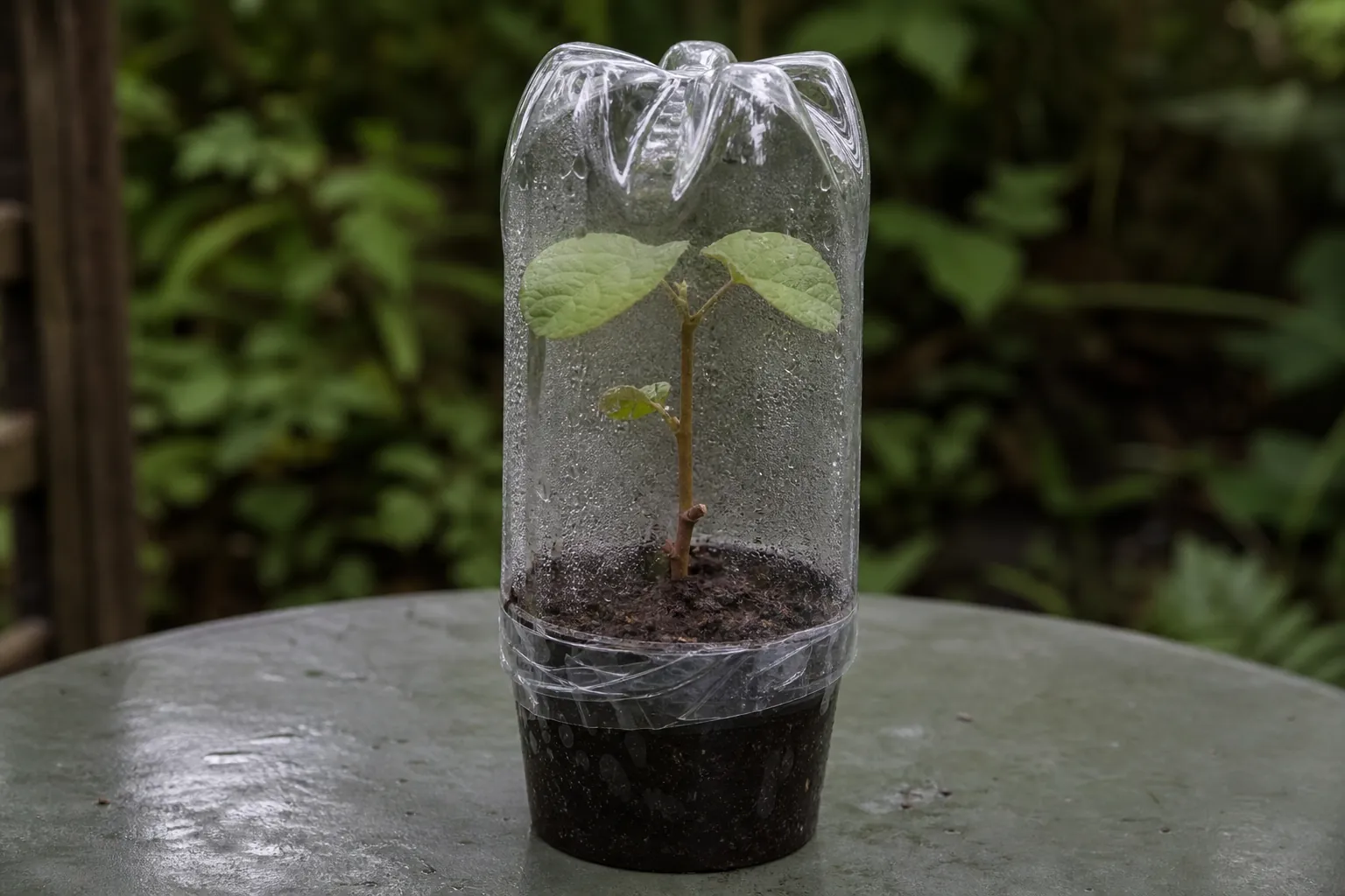 Bouture de kiwi placée sous une demi-bouteille plastique transparente en méthode à l'étouffée
