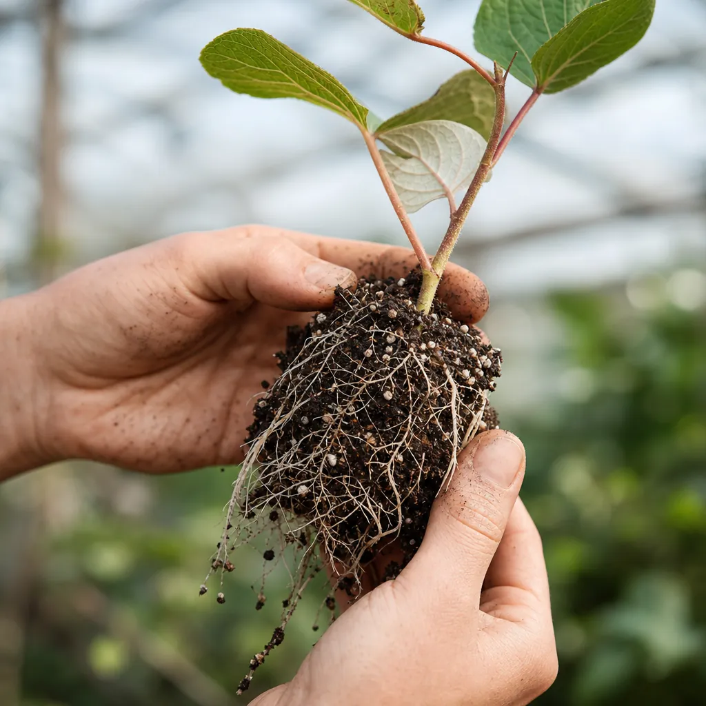 Bouture d'actinidia dépotée montrant un jeune chevelu racinaire blanc