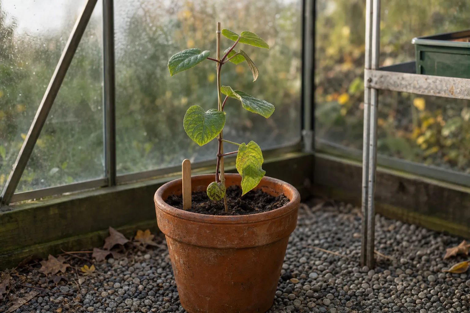 Jeune plant de kiwi issu de bouture, rempoté et étiqueté dans un pot en terre cuite