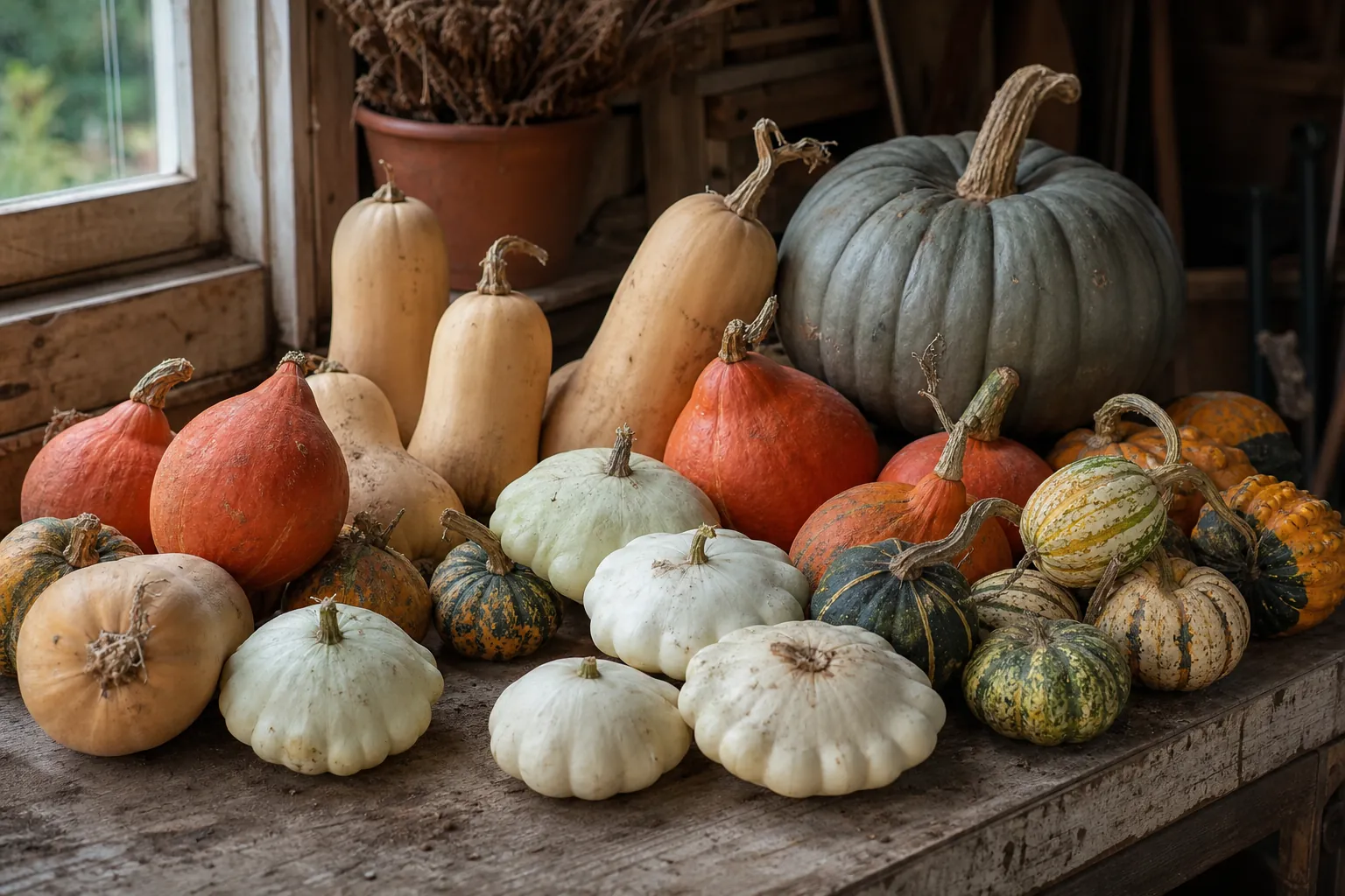 Récolte de courges variées posées sur une table en bois : potimarrons, butternuts, pâtissons et coloquintes
