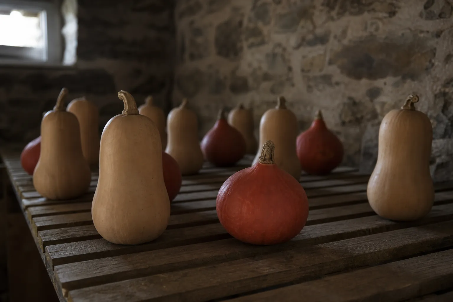 Courges d'hiver espacées sur une claie en bois dans un local sec et frais