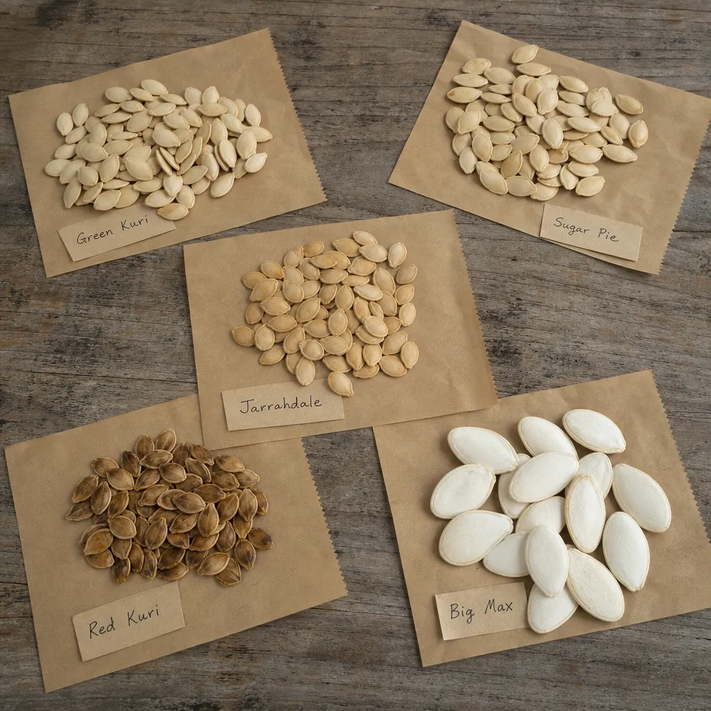 Graines de courge nettoyées séchant à plat sur du papier, lots étiquetés par espèce