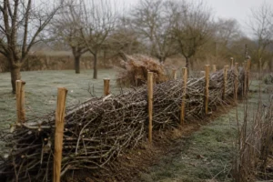 Haie de Benjes fraîchement montée entre deux rangées de piquets de châtaignier dans un jardin en novembre