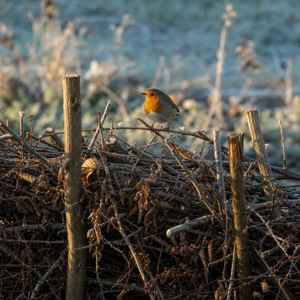 Rouge-gorge posé sur les branchages d'une haie sèche en hiver