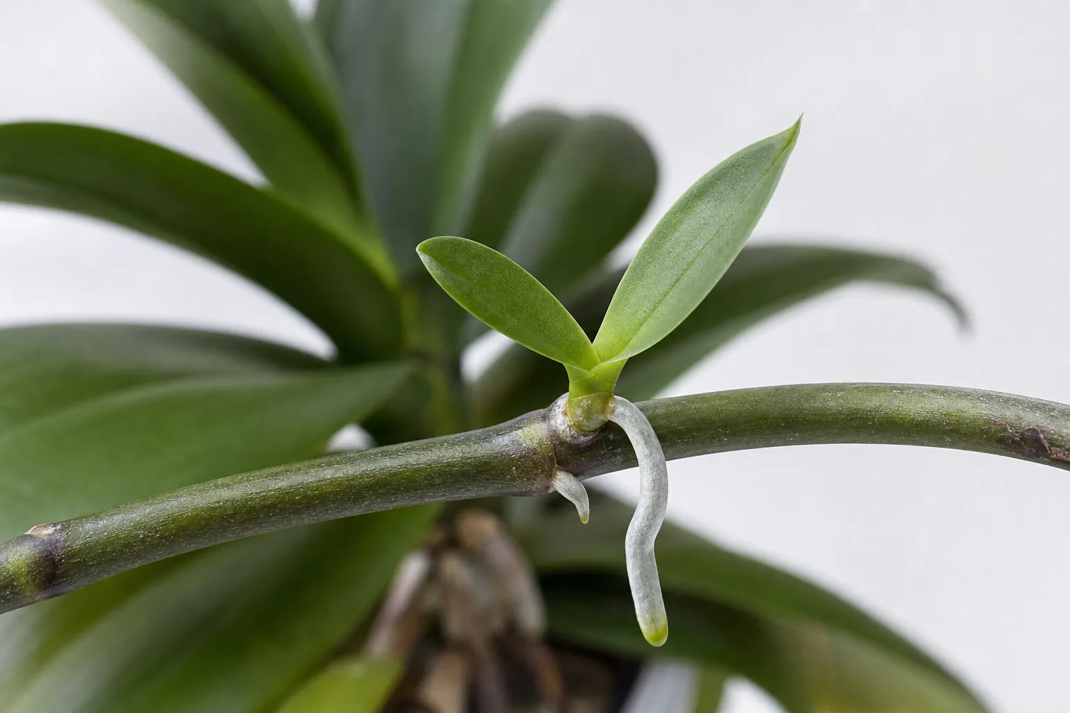 Keiki de Phalaenopsis sur une hampe florale, deux feuilles et premières racines aériennes