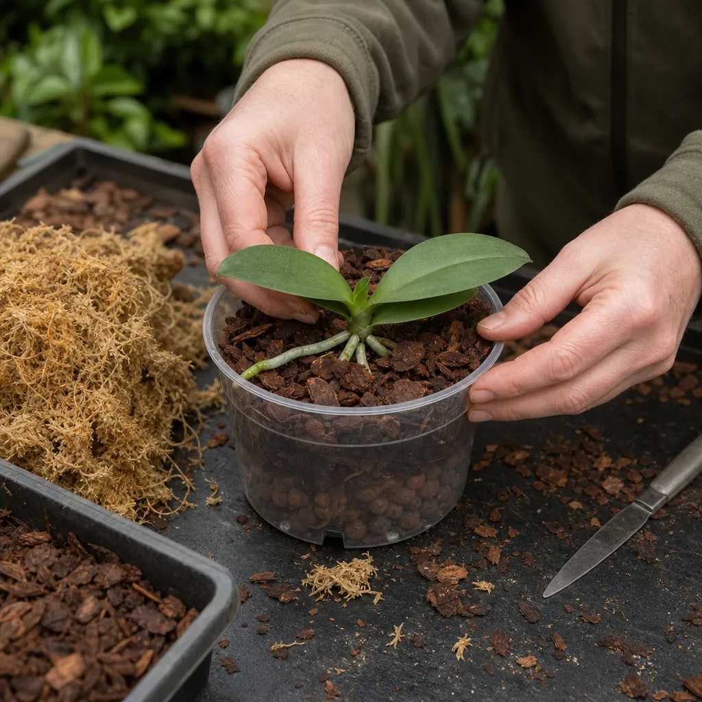 Rempotage d'un keiki d'orchidée dans un pot transparent avec écorce de pin fine