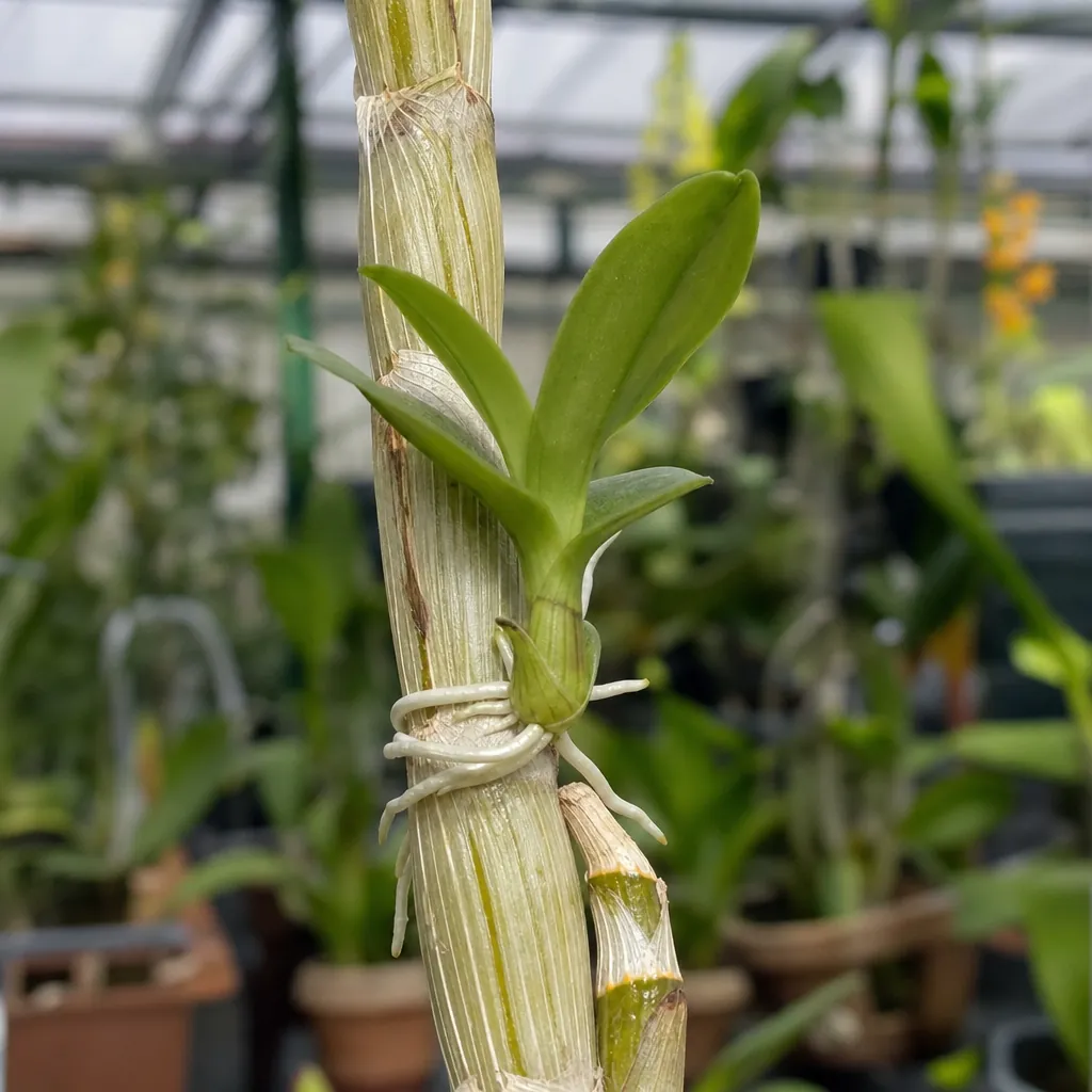 Keiki de Dendrobium poussant sur une canne d'orchidée bambou