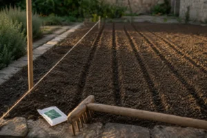 Planche de potager préparée en septembre avec sillons tracés au cordeau