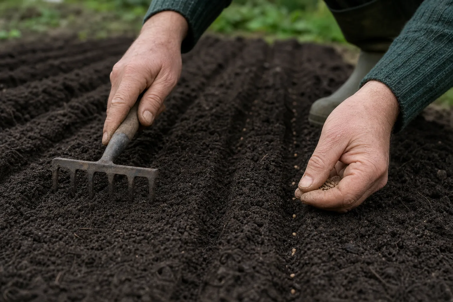 Semis de mâche en rangs serrés, graines à peine recouvertes de terre