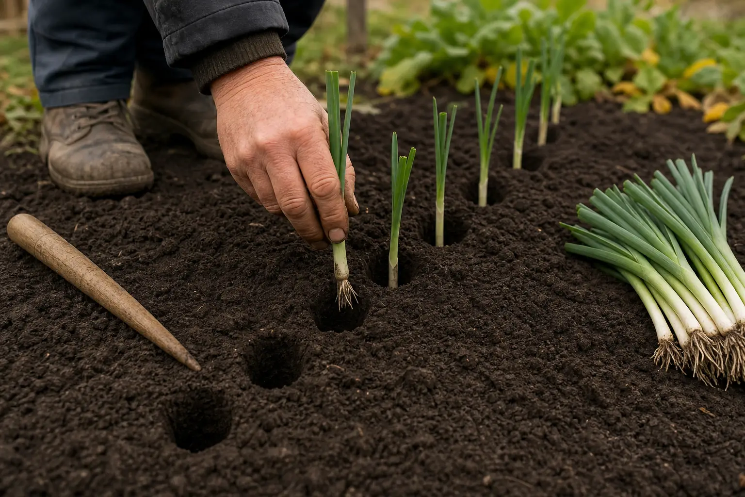 Plantation de poireaux d'hiver au plantoir dans des trous de quinze centimètres