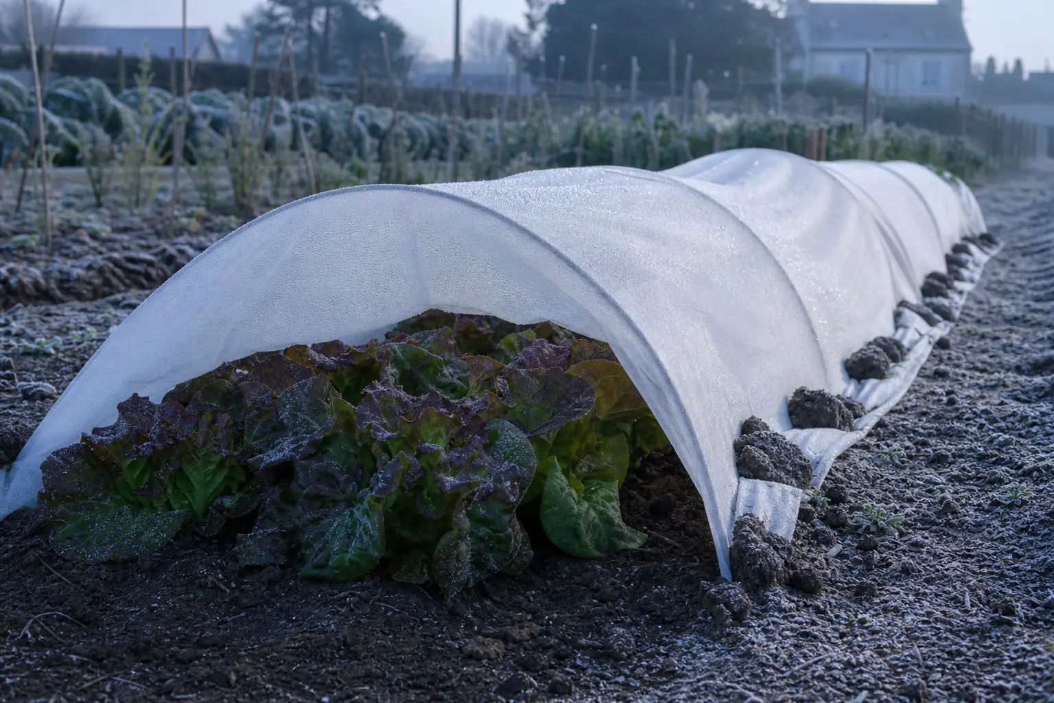 Voile d'hivernage tendu sur arceaux au-dessus de jeunes laitues d'hiver