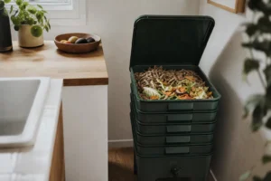 Lombricomposteur à plateaux installé dans un coin de cuisine