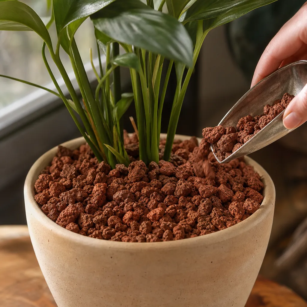 Couche de pouzzolane calibrée en surface d'un pot de plante