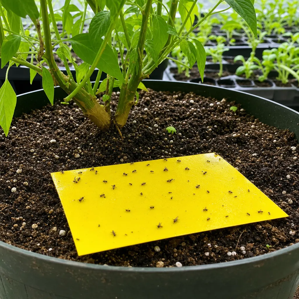 Piège collant jaune posé à plat sur le terreau d'un pot