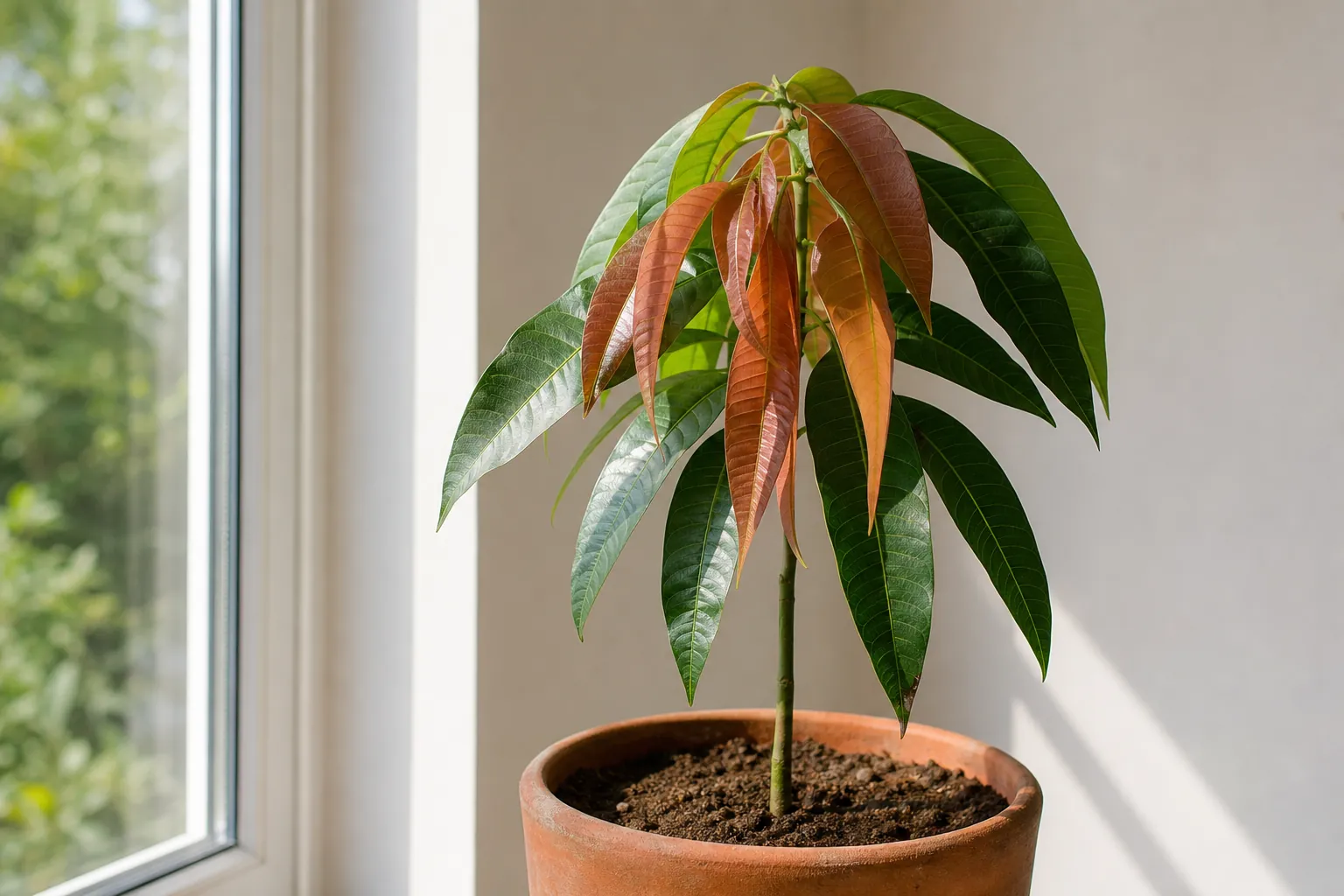 Jeune manguier en pot avec de jeunes feuilles rouge cuivré