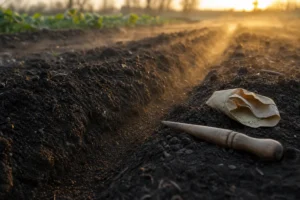 Sillon de radis fraîchement semé et plombé dans une planche de potager au printemps